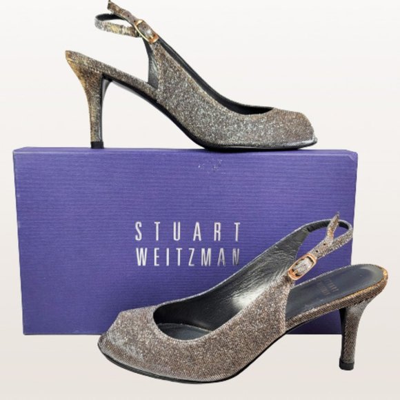 STUART WEITZMAN Slinky Glitter Peep-Toe Slingback, Pyrite Nocturn - Size:8 - Picture 16 of 16